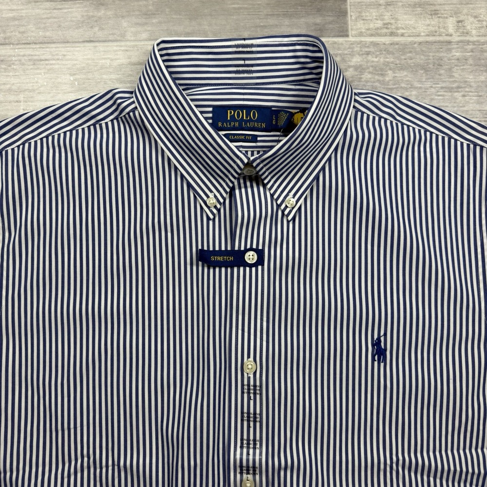 Polo Ralph Lauren Men's Large Classic Fit Striped Button Down Shirt Navy White